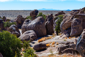 Amazing Rock formations from weathered petrified sedimentary rocks in a rock desert in Rocks State Park, New Mexico