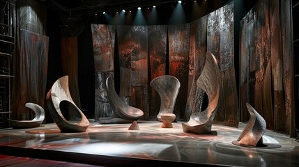 A stage design with abstract sculptures or installations that double as seating or props.