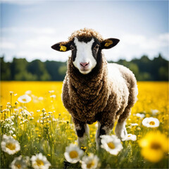 Sheep on a field with flowers.