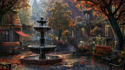 A village fountain surrounded by benches and trees. - obrazy, fototapety, plakaty