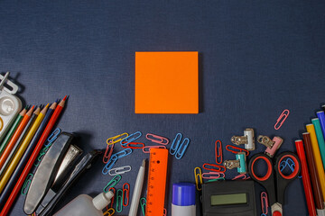 Stationery and school supplies on the desk. Education. Back to school