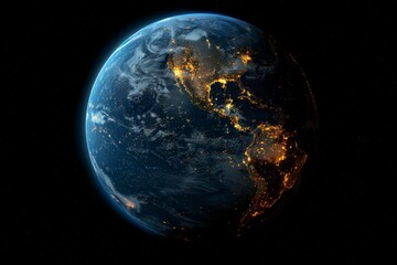 Planet Earth from outer space at night with city lights. 3d illustration