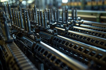 Close-up shot of rows of finished rifles lined up for inspection in the quality control department of the factory
