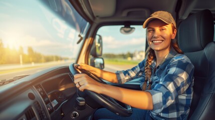 Naklejka premium Happy female truck driver driving large truck with blurred city background space for text