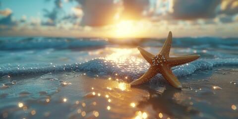 Starfish Resting on Sandy Beach by Ocean - obrazy, fototapety, plakaty