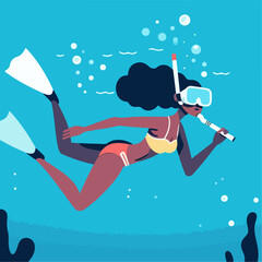 Illustration of female snorkeling. diving in the sea. flat