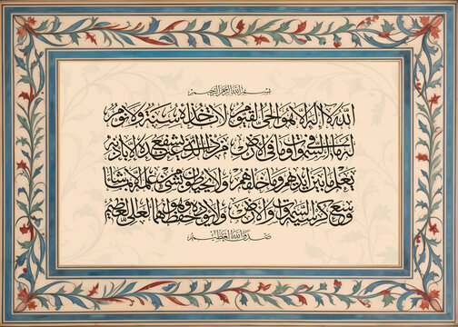 Arabic Calligraphy from verse 255 of chapter 2 ” Al-Baqarah - Ayat ul Kursi Ayatul Kursi" of the Quran. Says, "Allah - there is no deity except Him.......	
