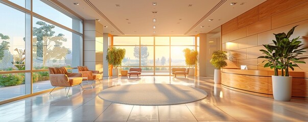 Modern clinic lobby with waiting room space with lots of natural light