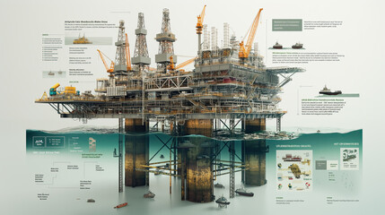 A vibrant infographic image showing an offshore oil platform with helipad, surrounded by tropical...
