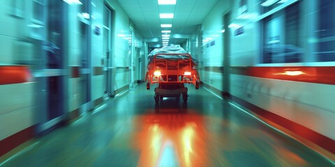 Motion-blurred image of a patient on a stretcher in a hospital corridor, conveying urgency and medical care.