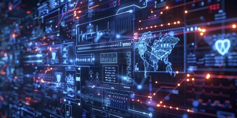 AI healthcare diagnostics represented using vibrant neon blue medical symbols and data visualization.