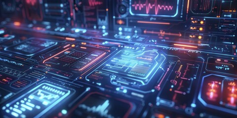 Fototapeta premium AI-driven healthcare diagnostics, depicted with vibrant blue medical symbols and data, showcase advanced technology.
