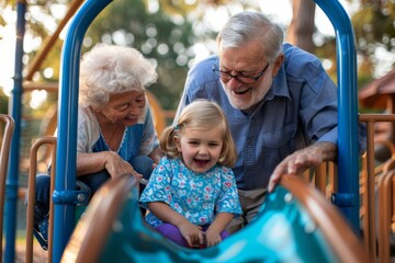 Grandfather and Granddaughter Playing on Playground - obrazy, fototapety, plakaty