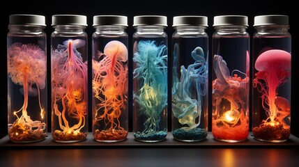 glass medical jars with multi-colored neurobiological anatomical organs and skeletal parts on a dark background. Concept: anatomy, medical research, scientific research, neurobiology - obrazy, fototapety, plakaty