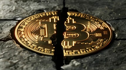 A golden Bitcoin coin broken in half on a cracked dark surface, symbolizing market volatility or halving event.
