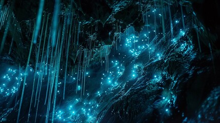Explore bioluminescent caves and caverns inhabited by glowworms or other luminescent creatures.  - obrazy, fototapety, plakaty