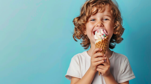 Cheerful kid eating ice cream in waffle cone isolated on blue