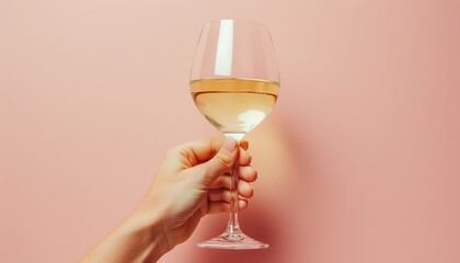 Side view of hand holding white wine glass on pastel background with space for text