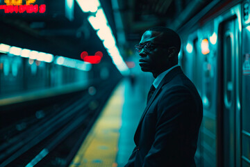 A businessman in a suit waits alone at the subway platform with heart-shaped lights