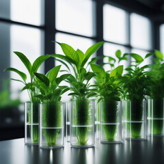 Plants in test tubes and other laboratory herbs in glassware on lab background. The concept of biological research. Natural medicine development in laboratory