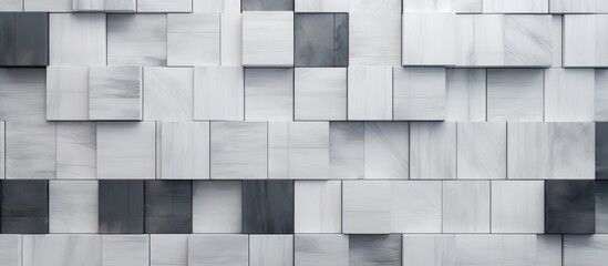 Abstract White and Gray Marble on White Background with Gray and White Granite Tiles Floor on Black Background. Wood Banners Graphics and Mosaic Decoration on Gray Background.