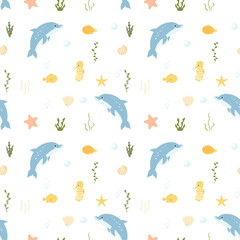 Seamless pattern with cute dolphin, fish, corals, seahorse, shells. Vector kids illustration. Sea animal, sea life, shells, seaweed. Flat design. Underwater life.