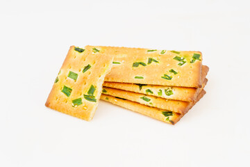 Chive biscuits on white background