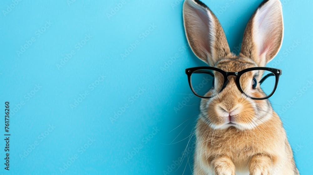 Poster adorable rabbit wearing glasses in front of studio background with copy space for text placement