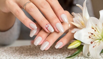 Closeup to woman hands with elegant neutral colors manicure. Beautiful manicure on long almond...