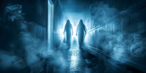 Eerie strobe lighting adds suspense as nightmarish creatures lurk in the shadows. Concept Horror Photography, Strobe Lighting, Nightmarish Creatures, Shadows, Suspense - obrazy, fototapety, plakaty