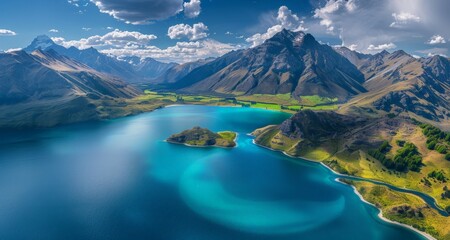 Aerial perspective of a lake nestled among towering mountains in a picturesque landscape.