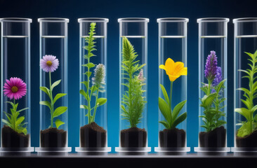 Plants in test tubes and other laboratory herbs in glassware on blue background. The concept of biological research. Natural medicine development in laboratory