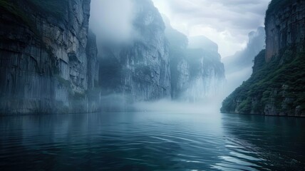 Misty river valley between towering cliffs - A serene, mysterious river flowing through a narrow valley surrounded by massive, foggy cliffs and lush greenery