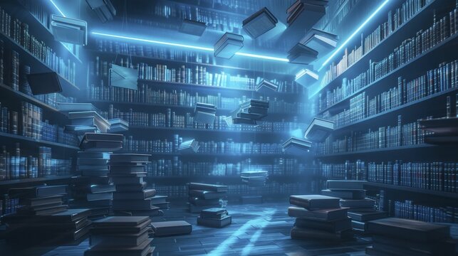 In the futuristic digital library, neon blue books float, showcasing access to knowledge.