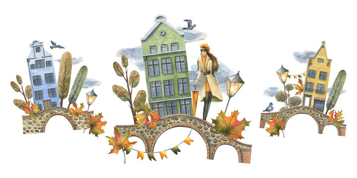 Ancient European houses are colorful, with autumn trees and leaves, with a girl in a raincoat with an umbrella. Hand drawn watercolor illustration. Set of elements is isolated from the background