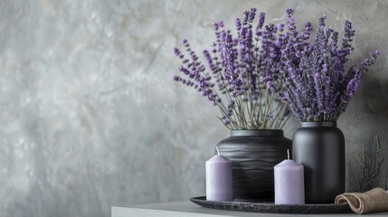 A thick branch of lavender among household items, nearby candles and elegant vases, elegant details...
