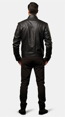 Back view of the man standing, full body figure dressed in a black leather jacket, studio photography,  Generative AI