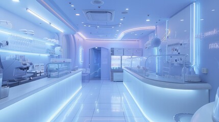 Obraz premium Futuristic neon blue ice cream shop with robotic servers, offering a glimpse into the future of retail.