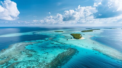 A birds eye view of an island surrounded by vast ocean waters. - obrazy, fototapety, plakaty