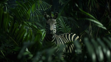 Zebra peeking curiously through lush dark tropical jungle leaves in the wild nature.