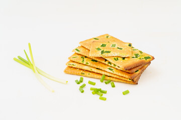 Chive biscuits on white background