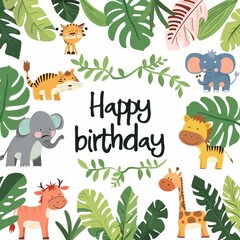 a birthday card with animals and leaves