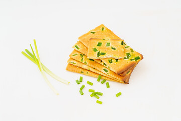 Chive biscuits on white background