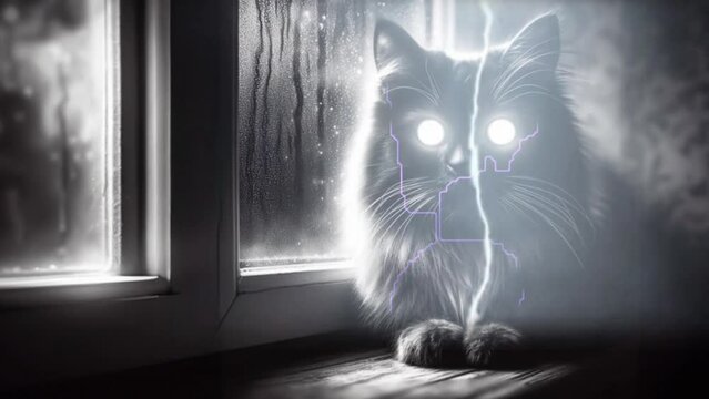 Animated image shows a black cat at a window. Beams of light come out of its eyes and it is surrounded by electromagnetic fields. Scary movie with stroboscopic and other effects.