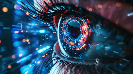 close-up of a digital eye or lens with a high-tech iris and data streaming in the background representing surveillance and vision technology - obrazy, fototapety, plakaty