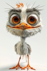 A cartoon character of a small cheerful bird with thin paws on a white background. 3d illustration