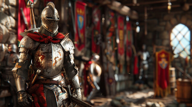 Craft an image of a medieval armory brimming with weapons and armor ready to equip knights for the challenges of battle