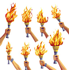 Set of olympic torches with burning fire. Flat style vector illustration - obrazy, fototapety, plakaty