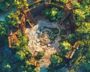 a circular stone courtyard surrounded by trees