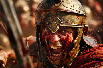 A close up hyperrealistic scene of a Roman warrior sweat and blood mixing shouting fiercely with...